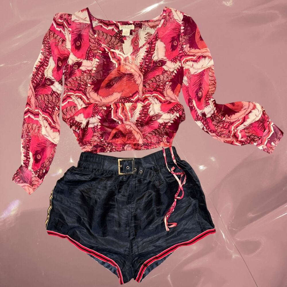 Y2K Lucky Brand pink feather print boho peasant top XS